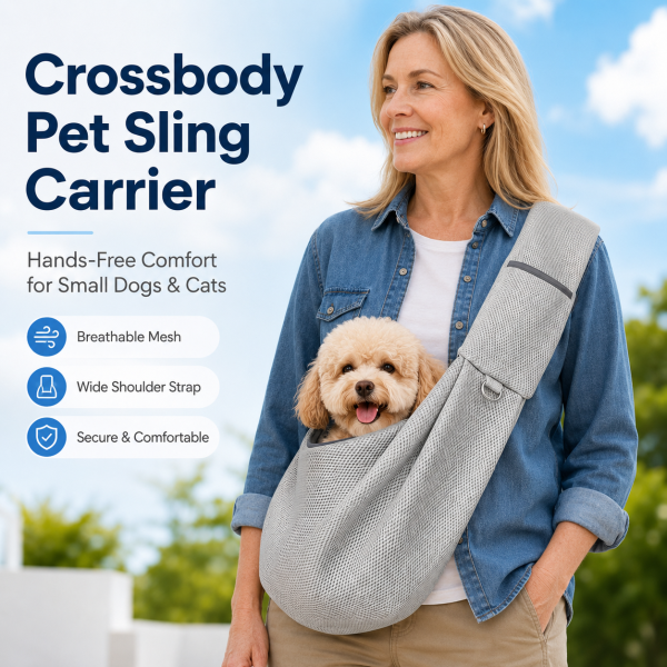 Gray crossbody pet sling carrier modeled outdoors with the shoulder strap across the body.