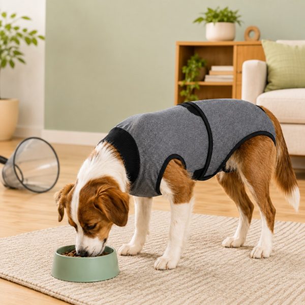 Gray dog recovery suit worn by a beagle eating from a bowl at home.