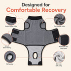 Gray dog recovery suit laid open with closeups of fabric, collar, edging and closures.