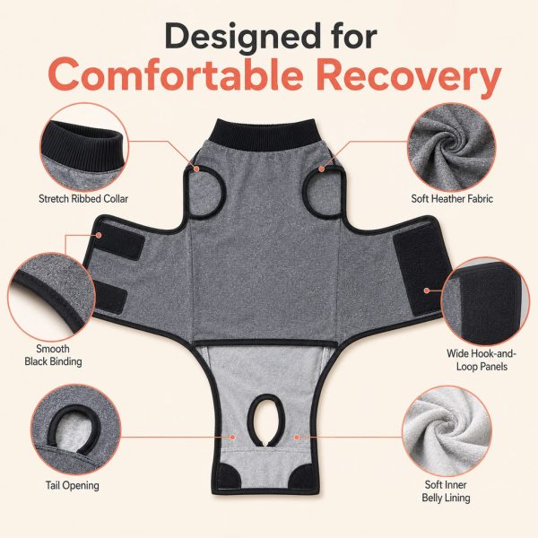 Gray dog recovery suit laid open with closeups of fabric, collar, edging and closures.