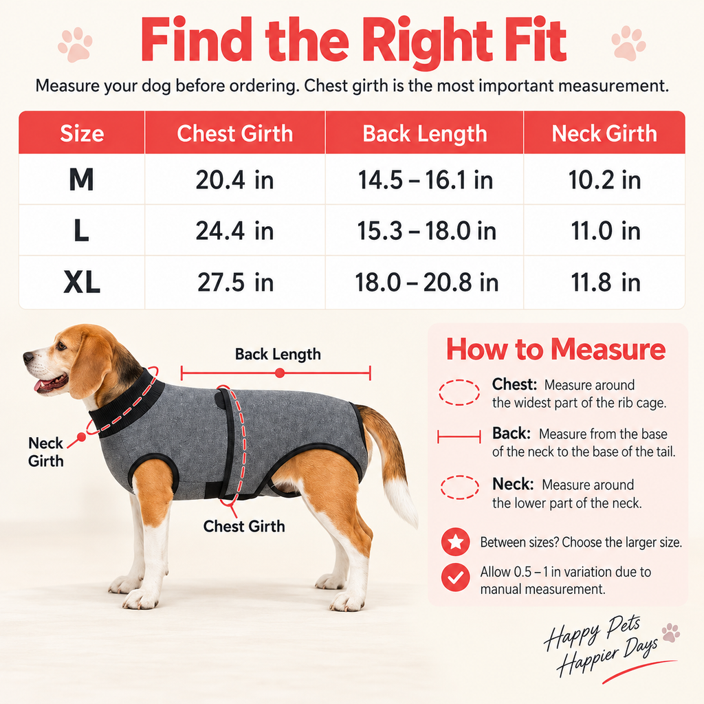 Gray dog recovery suit size chart showing chest, back and neck measuring points.