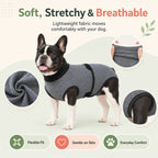 Gray dog recovery suit worn by a small dog with stretch fabric closeups.