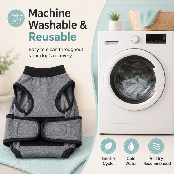Gray dog recovery suit beside a washing machine with washing and drying instructions.