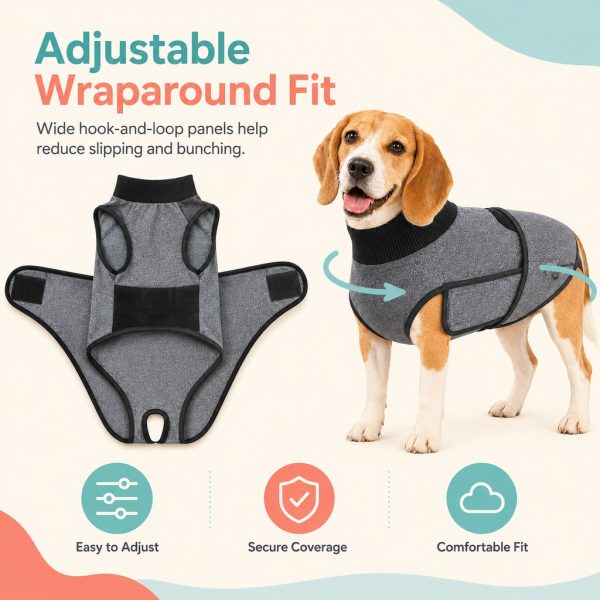 Gray dog recovery suit showing wraparound adjustment on a beagle.