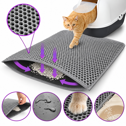 Gray honeycomb cat litter mat with a cat leaving the litter box and litter collecting between layers.