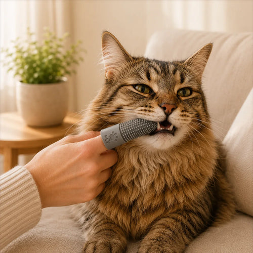 Gray silicone pet finger toothbrush used to brush a tabby cat's teeth on a sofa.