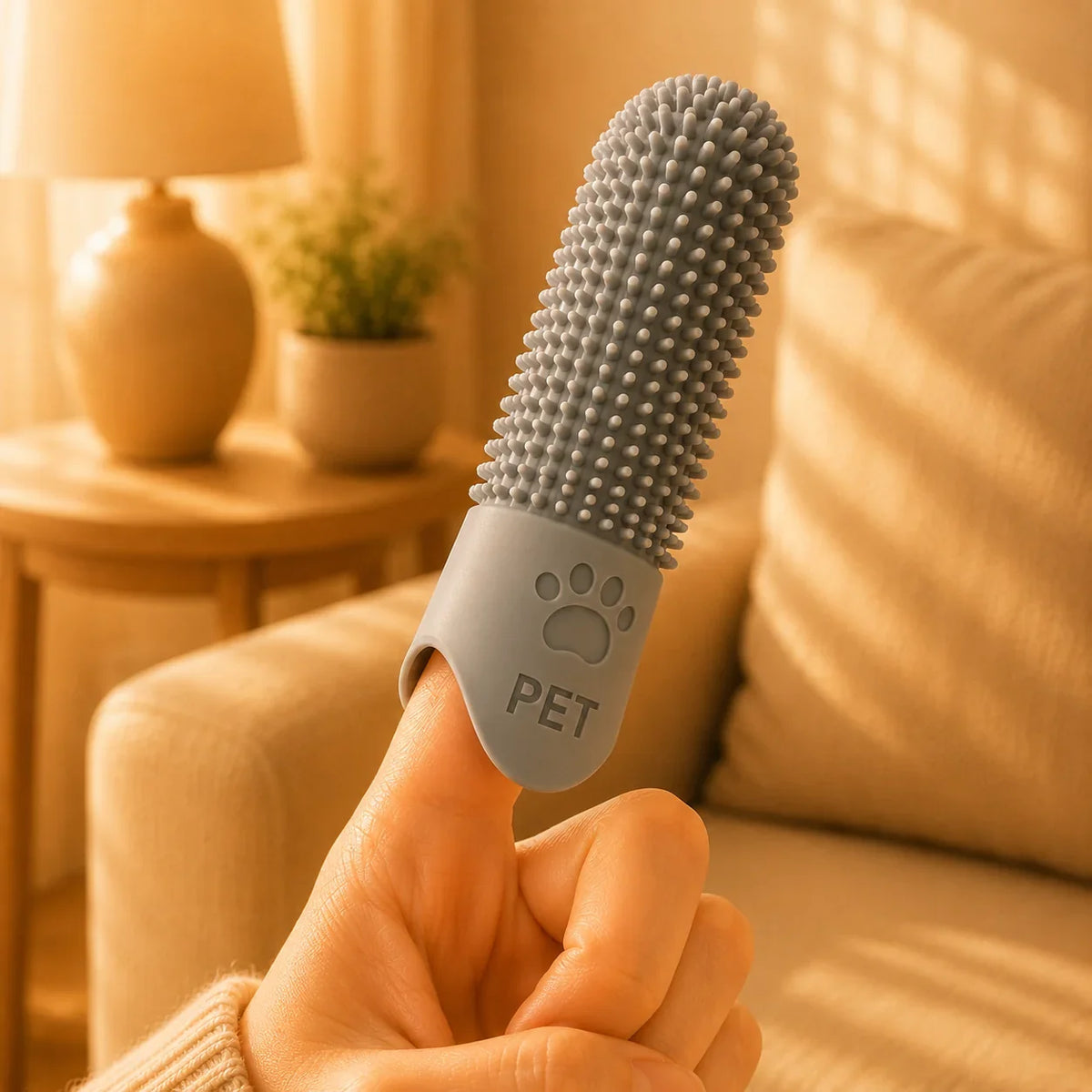 Gray silicone pet finger toothbrush worn on a finger with rounded bristles visible.