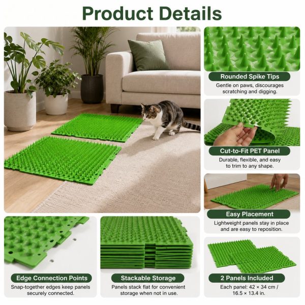 Green cat deterrent mat detail collage showing spikes, connectors and stacked panels.