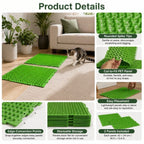 Green cat deterrent mat detail collage showing spikes, connectors and stacked panels.