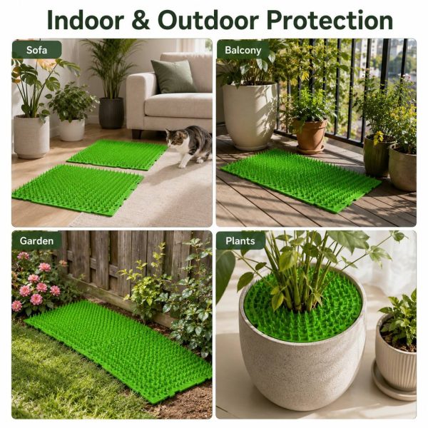 Green cat deterrent mat placement examples for sofas, balconies, gardens and plant pots.