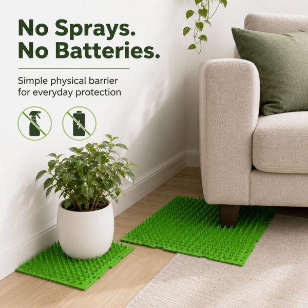 Green cat deterrent mat positioned near a sofa and plant as a physical barrier.