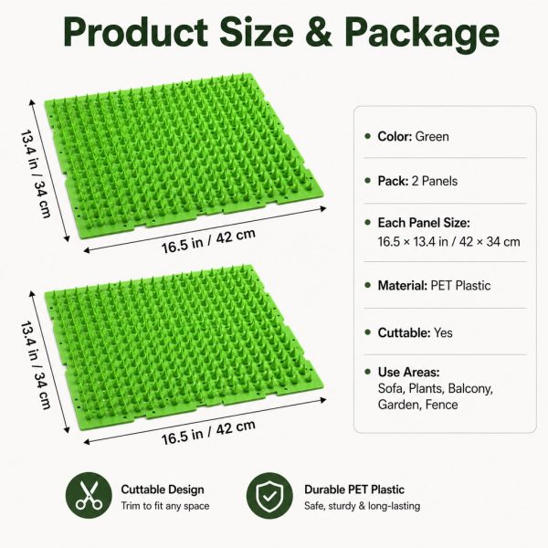 Green cat deterrent mat size and package chart showing two rectangular panels.