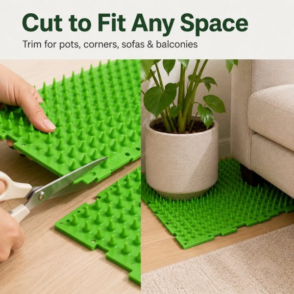 Green cat deterrent mat being trimmed with scissors to fit around a plant pot.
