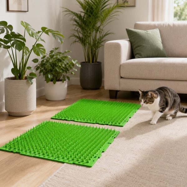 Green cat deterrent mat with two panels on the floor near a sofa and cat.
