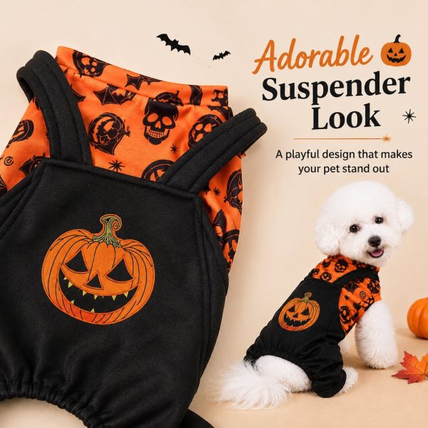 Halloween dog jumpsuit showing the black suspender design and pumpkin emblem.