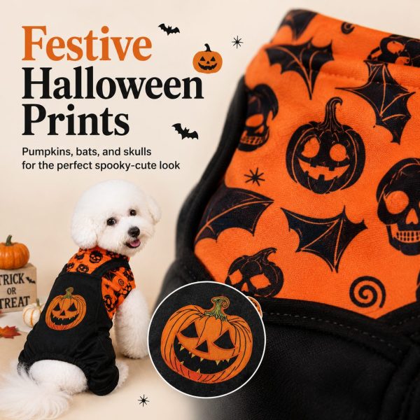 Halloween dog jumpsuit closeup of pumpkin, bat and skull prints.