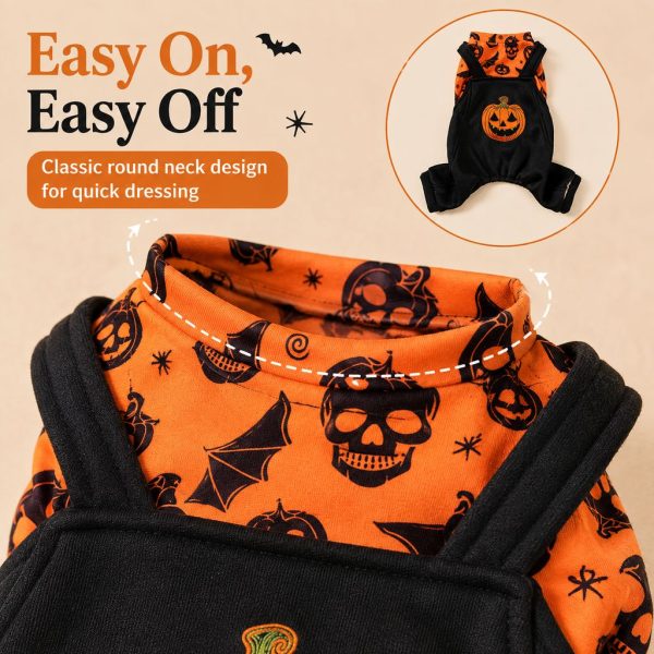 Halloween dog jumpsuit closeup of the round neckline and orange skull print.