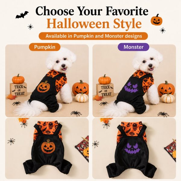 Halloween dog jumpsuit comparison of orange pumpkin and purple monster styles.