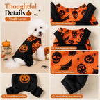Halloween dog jumpsuit detail collage of neckline, suspenders, fabric and cuffs.