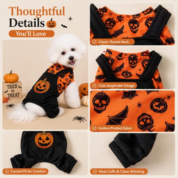 Halloween dog jumpsuit detail collage of neckline, suspenders, fabric and cuffs.