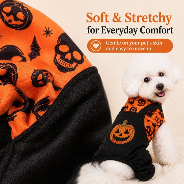 Halloween dog jumpsuit with a fabric closeup and a white dog modeling the outfit.