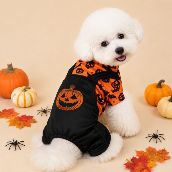 Halloween dog jumpsuit with an orange pumpkin design worn by a white dog.