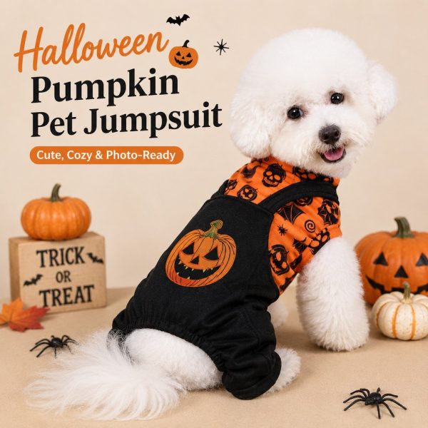 Halloween dog jumpsuit pumpkin outfit displayed on a dog beside Halloween decorations.
