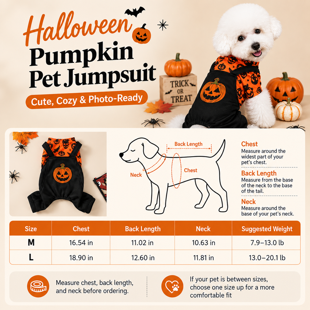 Halloween dog jumpsuit size chart with chest, back and neck measuring instructions.