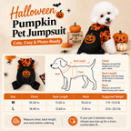 Halloween dog jumpsuit size chart with chest, back and neck measuring instructions.
