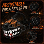 Halloween monster dog muzzle costume showing adjustable buckle straps around the sculpted mask.