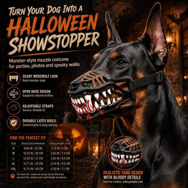 Halloween monster dog muzzle costume on a black dog with costume feature callouts.
