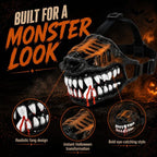 Halloween monster dog muzzle costume closeup of molded fangs and orange black snout details.