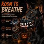 Halloween monster dog muzzle costume closeup showing the open nose and side frame.