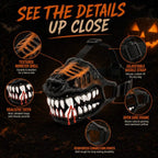 Halloween monster dog muzzle costume detail collage of teeth, straps, shell and connection points.