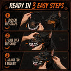Halloween monster dog muzzle costume fitting guide showing strap loosening, placement and adjustment.
