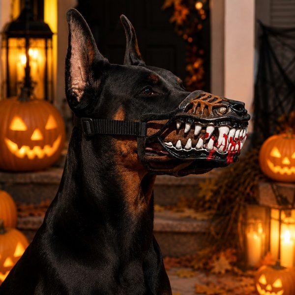 Halloween monster dog muzzle costume with red accented fangs worn by a black dog.