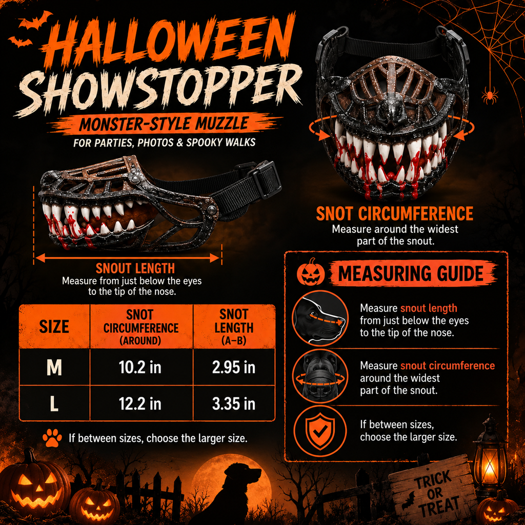 Halloween monster dog muzzle costume size chart showing how to measure snout length and circumference.