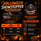 Halloween monster dog muzzle costume size chart showing how to measure snout length and circumference.