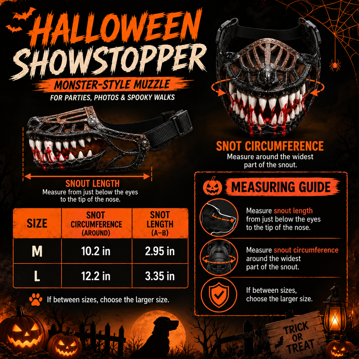 Halloween monster dog muzzle costume size chart showing how to measure snout length and circumference.