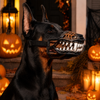 Halloween monster dog muzzle costume with white fangs worn by a dog beside lanterns.
