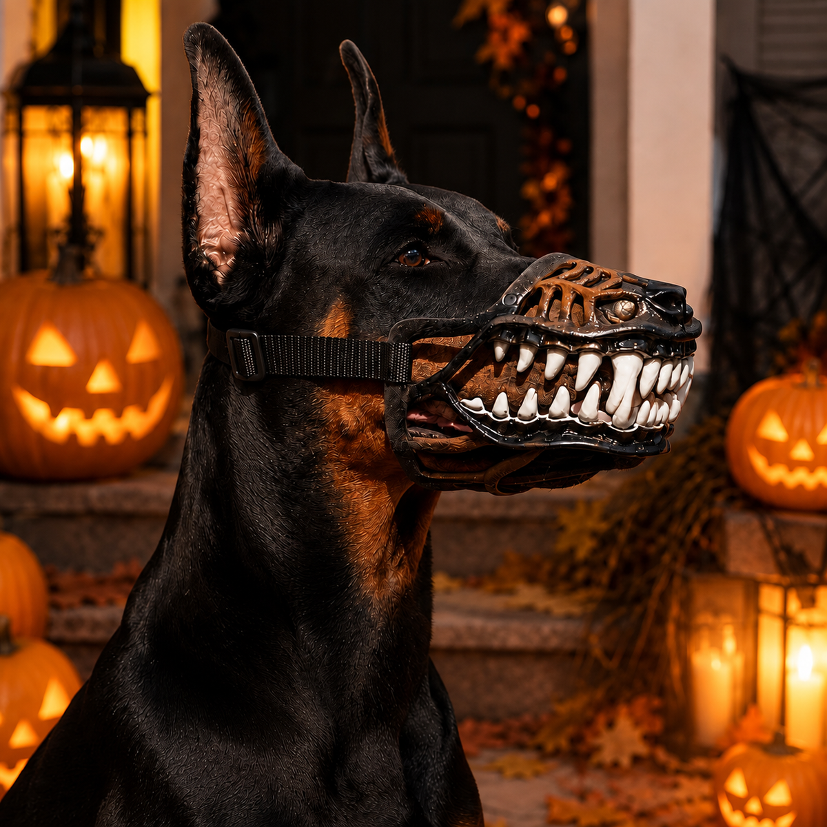 Halloween monster dog muzzle costume with white fangs worn by a dog beside lanterns.
