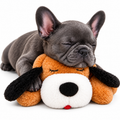 Heartbeat plush dog comfort toy supporting a sleeping puppy's head against a white background.