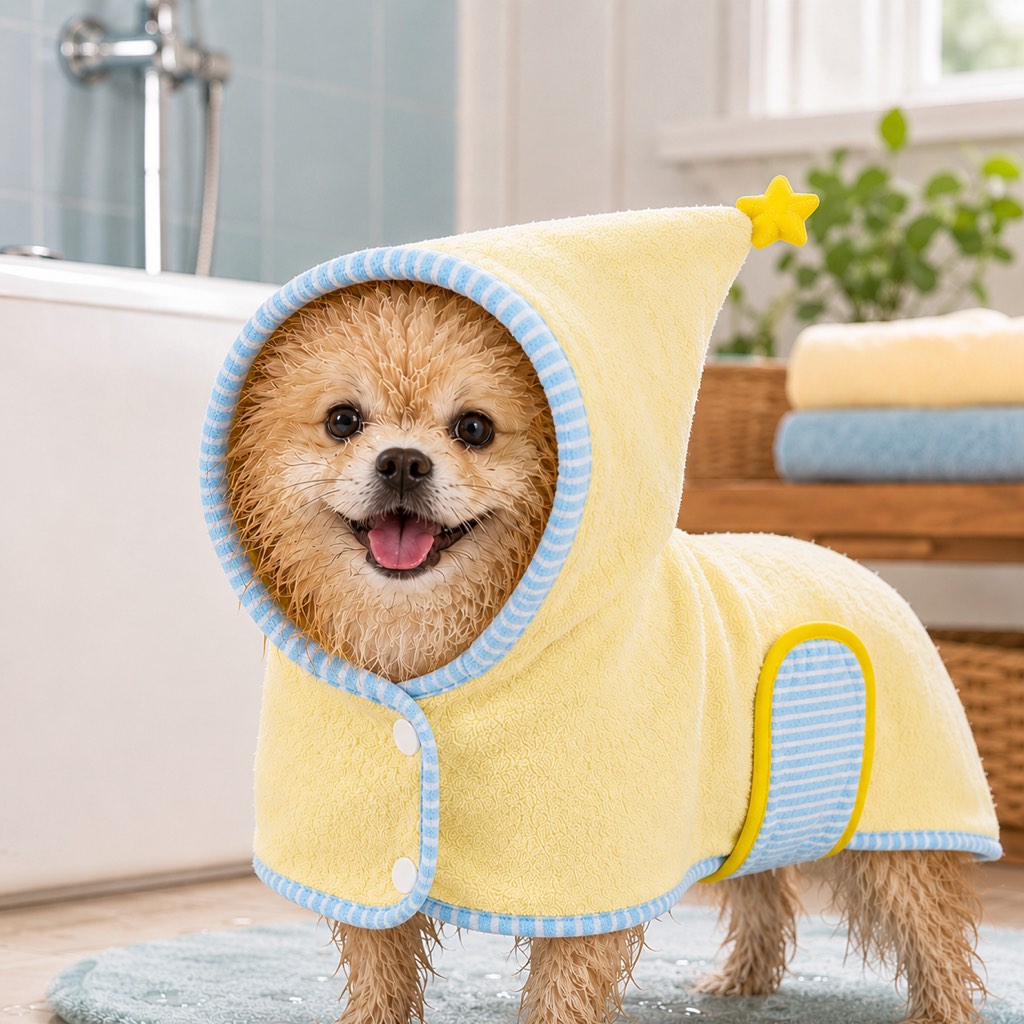 Hooded pet drying robe in yellow with blue trim worn by a small dog in a bathroom.