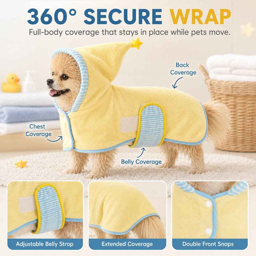 Hooded pet drying robe in yellow showing chest, back and belly coverage.