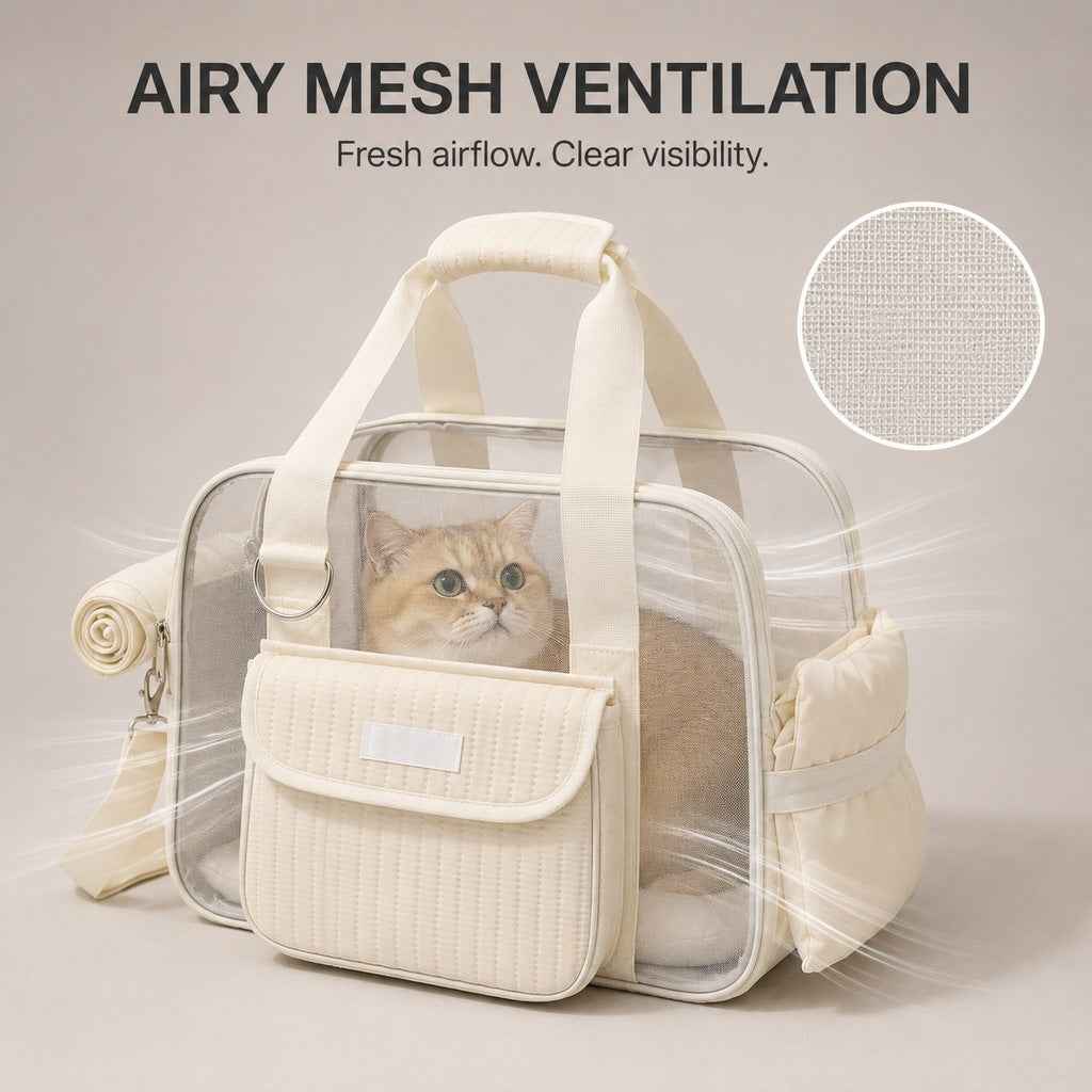 Mesh pet carrier tote in cream with airflow arrows around a cat inside.
