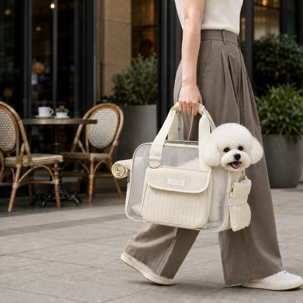 Mesh pet carrier tote in cream carried past a cafe with a small white dog.