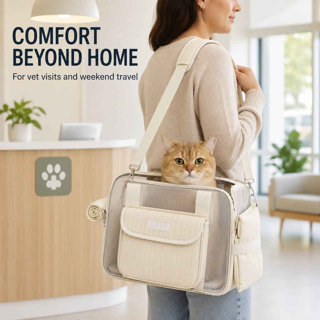 Mesh pet carrier tote in cream carried over a shoulder with a cat inside.