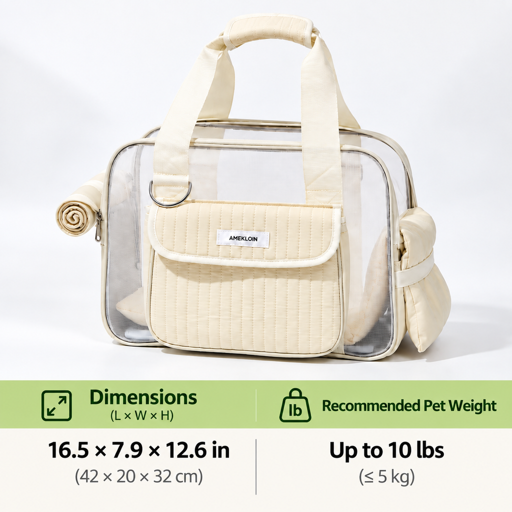 Mesh pet carrier tote in cream with dimensions and pet fit guidance.