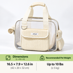 Mesh pet carrier tote in cream with dimensions and pet fit guidance.