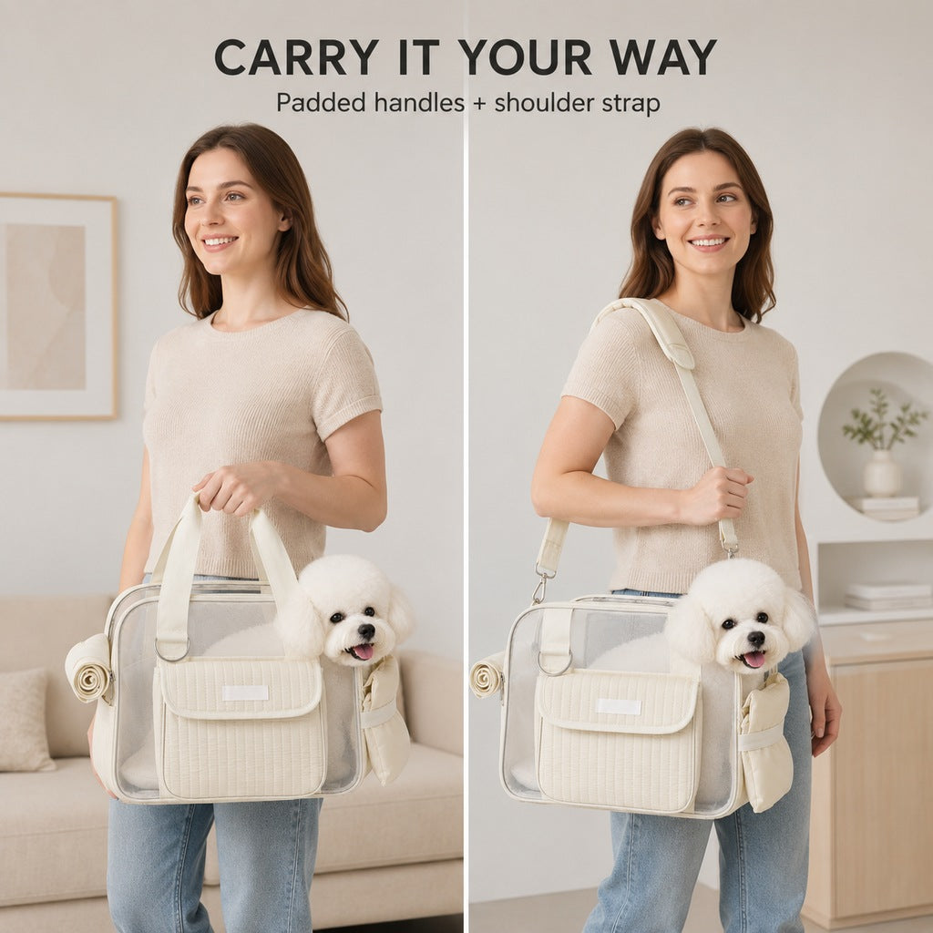 Mesh pet carrier tote in cream demonstrating hand and shoulder carrying with a small dog.
